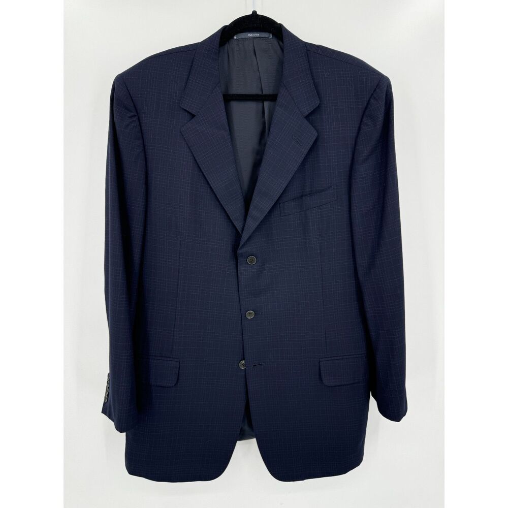 ERMENEGILDO ZEGNA Navy Blue Plaid Super 100s 3 Button Blazer Jacket Size 46L 56L